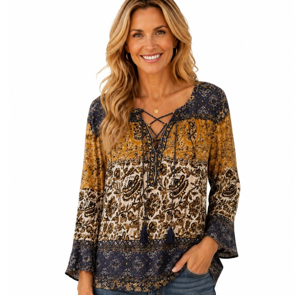 Lucky Brand Laceup Top Womens Large Blue Yellow Mixed Print Tassels Boho Peasant